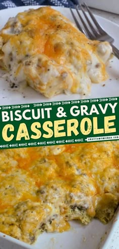 a casserole dish with biscuits and gravy in it on a plate