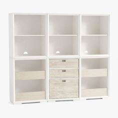 an open bookcase with drawers and shelves on each side, against a white background