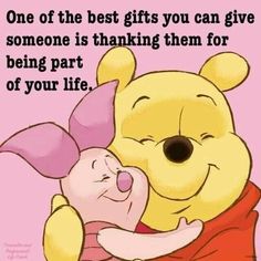 winnie the pooh hugging her piggy in front of a pink background with words on it