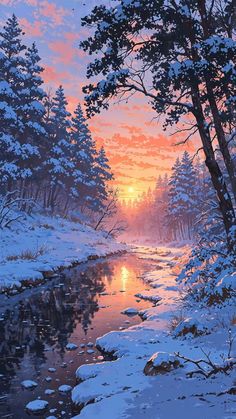 a painting of the sun setting over a snowy river