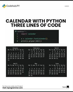 the calendar with python three lines of code is shown in this screenshote image