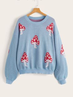 SHEIN Qutie Plus Mushroom Pattern Lantern Sleeve Sweater | SHEIN USA Fabric Plants, Sick Clothes, Mushroom Pattern, Lantern Sleeve Sweater, Fairytale Dress, Plus Size Sweaters, Cute Simple Outfits, Kawaii Clothes