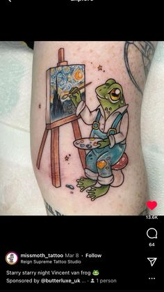 an image of a frog painting on the side of someone's leg with words below it