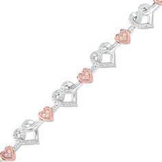 A sentimental favorite, this sparkling diamond heart bracelet is certain to be adored. Crafted in sterling silver and precious 10K rose gold, this link design features smaller rose gold hearts - touched with diamond trios - entwined with larger silver knot hearts adorned with diamonds. Radiant with 1/4 ct. t.w. of diamonds and a brilliant buffed luster, this 7.0-inch bracelet secures with a tongue and groove clasp. Love Knot Bracelet, Gold Hearts, Infinity Love, Rose Bracelet, Link Design, Peoples Jewellers, Rose Gold Heart, Sparkling Diamond, Knot Bracelet