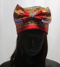 Made with handprinted and waxed, red,, blue and gold fabric. Perfect for any occasion, parties, weddings, church, Easter, Christmas. Hat is formed and fitted, no scarf wrapping necessary. Handmade Red Party Hat, Red Curved Brim Costume Hat For Festivals, Red Costume Hat With Curved Brim For Festival, Adjustable Red Headwrap For Festival, Adjustable Red Headwrap For Festivals, Red Bohemian Hat As A Gift, Red Bohemian Hat As Gift, Traditional Red Party Hat, Traditional Multicolor Party Hats