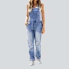 Introducing our 2023 Spring-Summer Collection one-of-a-kind Torn Knees Women's Denim Jumpsuit ââ‚?the embodiment of street style and urbane chic!Why It's Your Ultimate Style StatementThis jumpsuit fuses the perfect blend of urbane style with a hint of rebellion. Crafted with premium quality denim. its baggy-fitting silhouette features a unique damaged pattern for an effortlessly cool. alternative-inspired look. The resilient zipper and stylish button duo ensures both functionality and flair. whi Spring Medium Wash Denim Jumpsuits And Rompers, Casual Washed Blue Jumpsuits And Rompers For Summer, Denim Blue Jumpsuits For Spring, Dark Wash Non-stretch Denim Jumpsuit, Trendy Light Wash Denim Overall Jumpsuit, Non-stretch Dark Wash Denim Jumpsuit, Trendy Light Wash Denim Overalls, Non-stretch Medium Wash Denim Overalls, Denim Blue Non-stretch Jumpsuits And Rompers