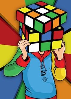 a person holding a rubik cube over their head