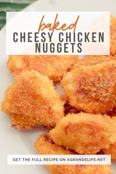 baked cheesy chicken nuggets on a white plate with text overlay