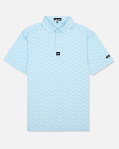 a light blue polo shirt with an allover pattern on the chest and collarline