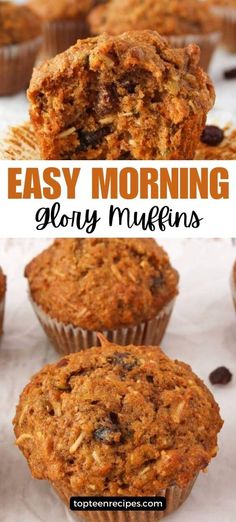 some muffins that are sitting on top of a white tablecloth with the words, easy morning glory muffins