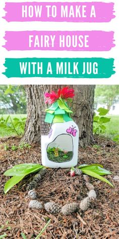 Fairy house craft Milk Jug Fairy House Diy, Recycled Fairy House, Milk Jug Bird House, Fairy Garden Crafts For Kids, Milk Jug Fairy House, Campus Beautification, Fairy Activities, Fairy Garden Ideas For Kids, Nanny Crafts