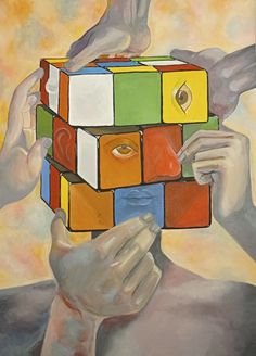 a painting of a person holding a colorful cube