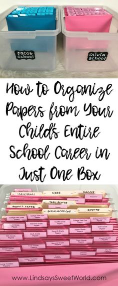 two plastic boxes with writing on them and the words how to organize papers from your child's entire school career in just one box