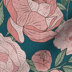 a blue and pink floral wallpaper with roses on it