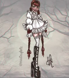 a drawing of a woman with red hair and white dress, standing on top of a boot