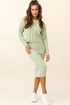 Green knit skirt  Cable knit pattern  Midi length  Elasticated waist   Snuggle up in our Cozy Up midi skirt. Featuring a pretty cable knit and gorgeous apple green shade. We are loving this for a day out with your bff's or your 9-5. Team it with its matching sweater for an on-trend Fall look we are all about. Green Knit Skirt, Midi Skirt Green, Pink Dress Shoes, Brunch Dress, Matching Sweaters, Knit Midi Skirt, Clothing Tags, Basic Dress, Apple Green