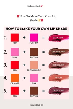 ✨Unleash your inner makeup artist and learn how to craft your own signature lip shade! 💋💄 Dive into the world of DIY beauty and discover endless possibilities for expressing your unique style.😍  From vibrant reds to subtle nudes, the power is in your hands! Get ready to slay with your custom creations! ✨🎨  DIY lip color, custom lip shade, makeup tutorial, beauty DIY, lipstick crafting, lip color recipes, makeup hacks, beauty tips.   #DIYBeauty #CustomLipstick #MakeupTutorial #BeautyHacks #LipColorInspo #CreativeMakeup #BeautyDIYs Mixing Lipstick Colors Shades, Lipgloss Color Ideas, Lipstick Mixing Shades, Mix Lipstick Colors, How To Wear Lipstick, Lipstick Colors For Brunettes, Lipstick Color Palette, Brown Lipstick Shades, Best Lipstick Shades