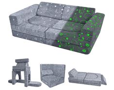 an image of a couch and chair with green designs on the back, in different positions