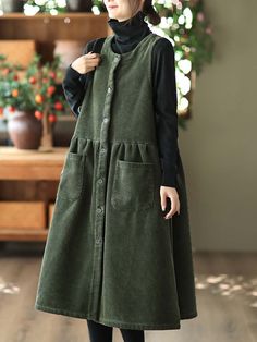 Women Vintage Corduroy Solid Button Vest Dress – Jverny Button Vest, Corduroy Overall Dress, Midi Dress Plus Size, Spring Dresses Casual, Winter Outwear, Vintage Corduroy, Warm Dresses, Corduroy Dress, Sleeveless Tunic