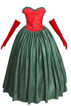 a green dress with red polka dots on it