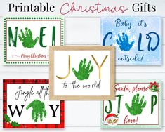 four christmas cards with handprints on them and the words joy to the world