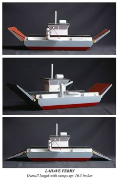 three views of a model boat with red and white paint on the bottom, front and back