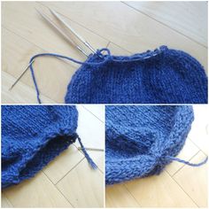 the blue knitted hat is being worked on