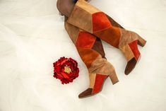 Patchwork Boots, Cognac Boots, Tropical Outfit, Tan Heels, Vintage Suede, Retro Photo, Leather Label, Shades Of Brown