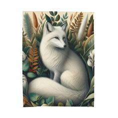 a painting of a white fox sitting in the middle of some plants and flowers with green leaves around it