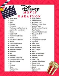 the disney movie marathon is shown in red and white