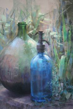 an oil painting of two blue vases sitting next to each other