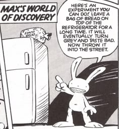 a comic strip with an image of a rabbit in front of a refrigerator that says, max's world of discovery