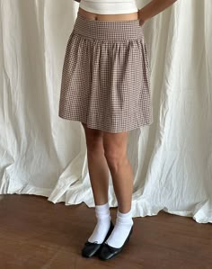 Adinda Midi Skirt in Mini Gingham Brown Brown Midi Skirt, Rok Midi, Midi Skirt Outfit, Gingham Skirt, Summer Bodycon Dress, Black Satin Dress, Bandeau Dress, Wide Waist, Black Bodycon Dress