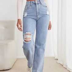 High Waisted Straight Leg Jeans Cheap Y2k Straight Leg Jeans, Ripped Heans, Cute Ripped Jeans, High Waisted Straight Leg Jeans, Straight Leg Jeans Outfits, High Waisted Ripped Jeans, Rose Jeans, White Ripped Jeans, Ripped Mom Jeans