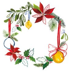 a christmas wreath with holly, mist and bells on it's sides is painted in watercolor