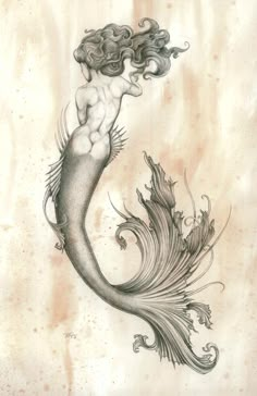 a drawing of a mermaid with her hair blowing in the wind