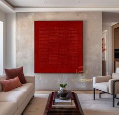 a living room filled with furniture and a large red painting