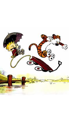 two cartoon characters are jumping in the air with an umbrella over their heads, and one is on a skateboard