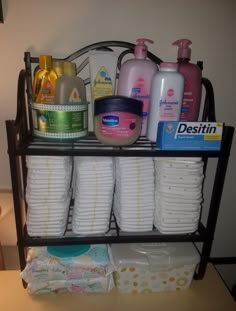 a shelf filled with lots of toiletries and personal care products on top of it