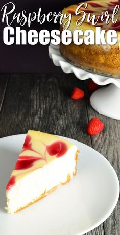 A slice of Raspberry Swirl Cheesecake on a white plate with a whole Raspberry Swirl Cheesecake in the background with white text Raspberry Swirl Cheesecake at the top. 6 Inch Cheesecake, Thanksgiving Favorites, Food Rocks, Raspberry Swirl Cheesecake, Dessert Cravings, Fabulous Desserts, Swirl Cheesecake, Pinterest Christmas, Vanilla Cheesecake