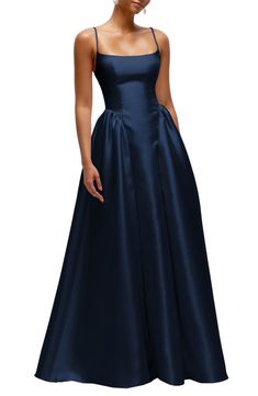 Dessy Collection Sleeveless Satin Gown | Nordstrom A Line Neck Dress, Bridesmaids Dresses Navy Blue, Debutante Ball Guest Dresses, Dresses For Fancy Events, Formal Country Dresses, Classic Ball Gown, Dropped Waist Prom Dress, Classic Formal Dresses, Blue A-line Prom Dress