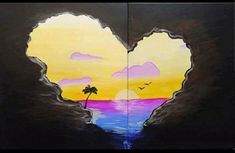 a painting of a heart shaped hole with palm trees in the middle and water below