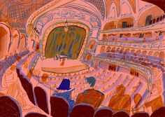 an illustration of a theatre with people sitting in the seats and one person standing on the stage