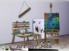 an artist's studio with easel, canvass and paintings