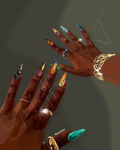 two hands with different colored nail polishes and rings on their fingers, one holding the other's hand