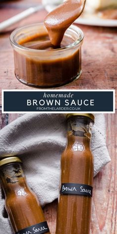 homemade brown sauce is being poured into a glass jar