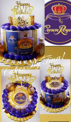 the birthday cake is decorated with gold and purple decorations