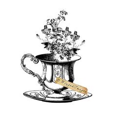 a teacup with flowers in it on a saucer, vintage line drawing or engraving