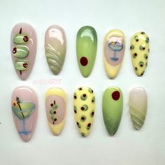 Handpainted Press on Nails Guinness Nails, Donut Acrylic Nails, Green Nail With Design, Nail Tool Organization, Bookworm Nails, Olive Green Halloween Nails, Olive Design Nails, Martini Glass Nails, Green And Orange Halloween Nails