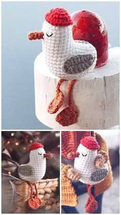 crocheted chicken ornaments are shown in three different photos, one is red and the other is white